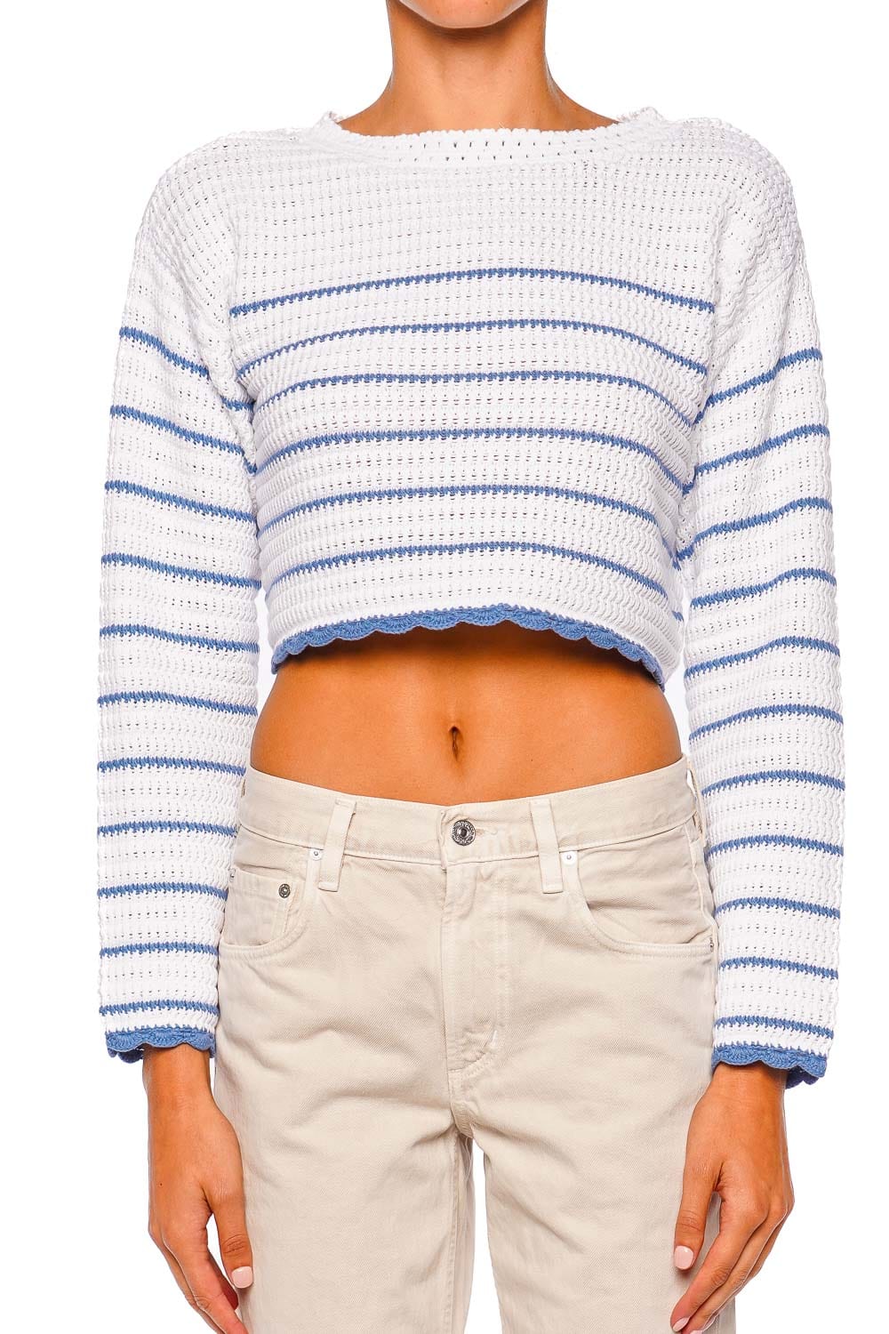 LoveShackFancy Shore Long Sleeve Cropped Pullover Maritime Stripes