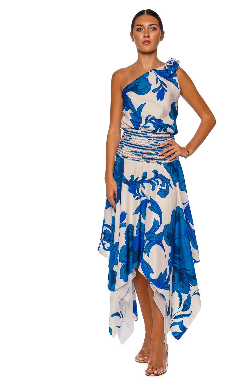 Francesca Miranda Halia Blue and White One-Shoulder Midi Dress
