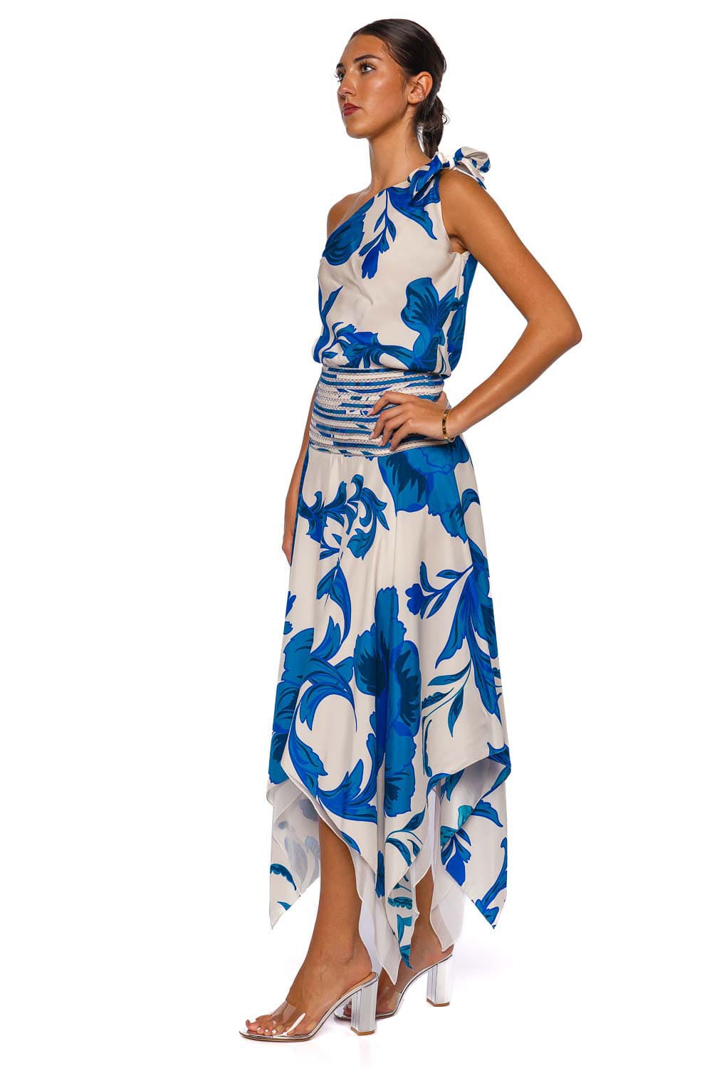 Francesca Miranda Halia Blue and White One-Shoulder Midi Dress