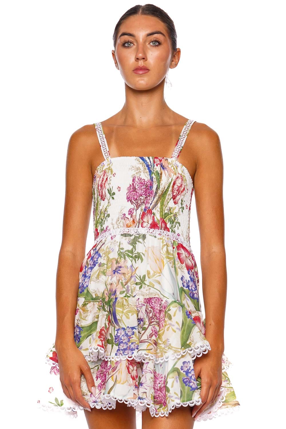 CHARO RUIZ IBIZA Iris White Botanical Ruffled Mini Dress