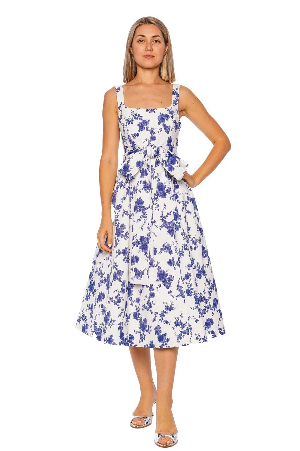 Carolina Herrera SLVLESS SCOOP NECK MIDI DRESS W/ SASH E2511N517WPF WHITE MULTI