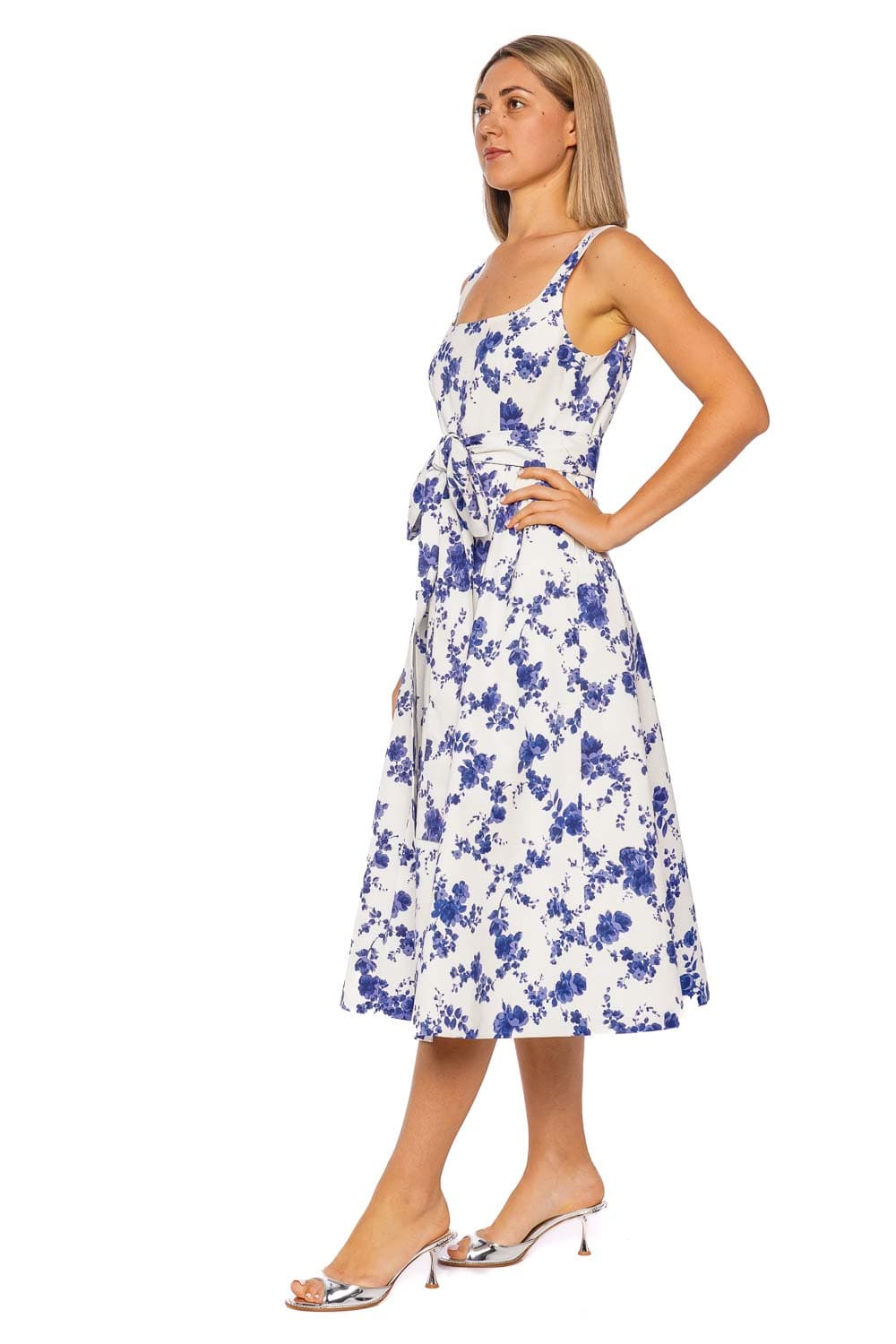 Carolina Herrera SLVLESS SCOOP NECK MIDI DRESS W/ SASH E2511N517WPF WHITE MULTI