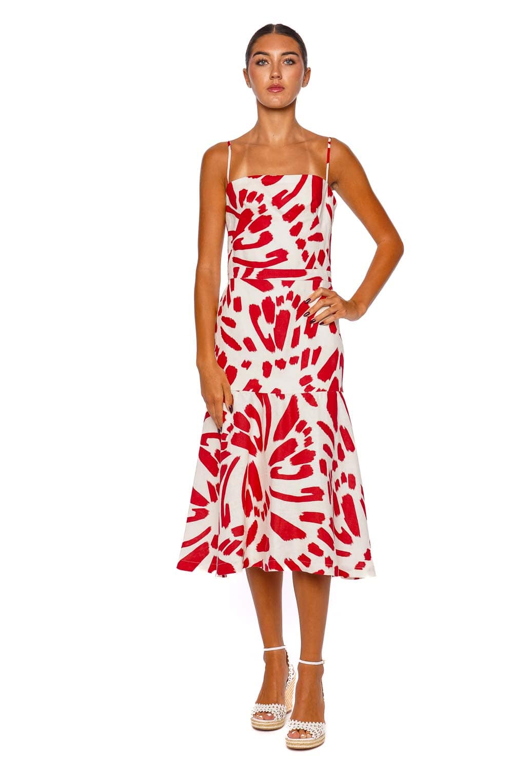 Andres Otalora Susurros Scarlet Papillon Linen Midi Dress