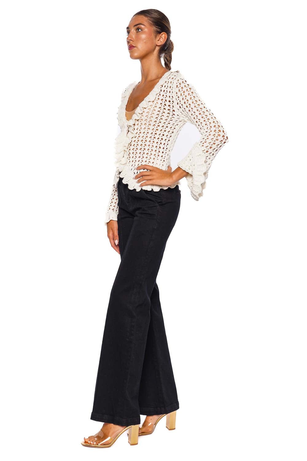 L'AGENCE Solaris Ivory Scalloped Ruffle Crochet Cardigan