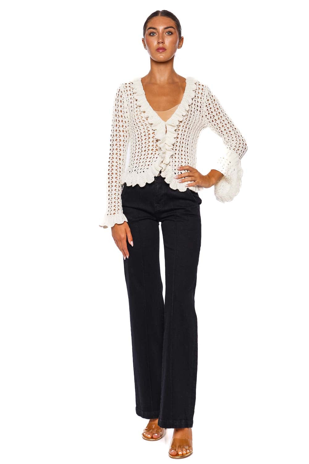 L'AGENCE Solaris Ivory Scalloped Ruffle Crochet Cardigan