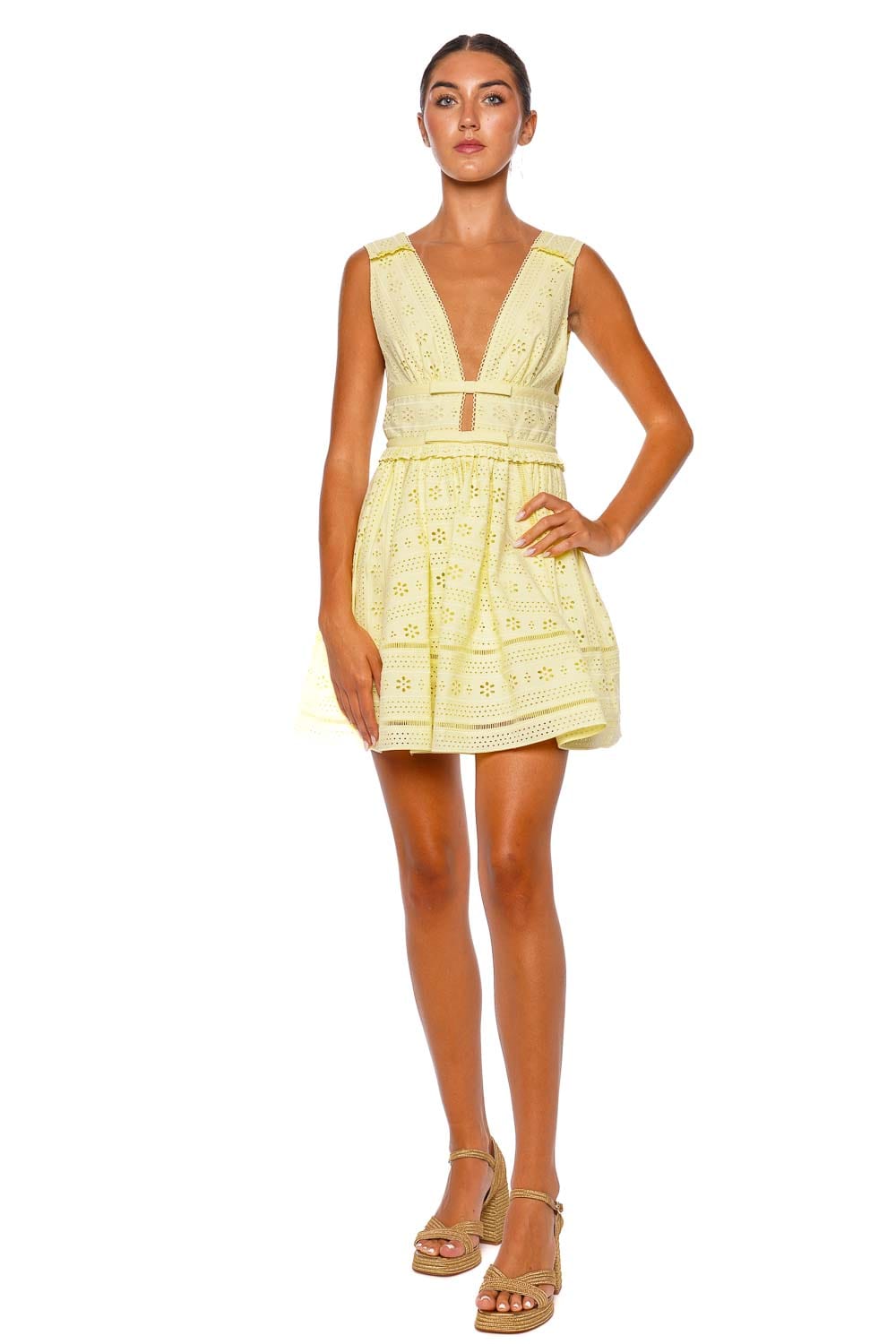self-portrait Yellow Cotton Broderie Bow Mini Dress