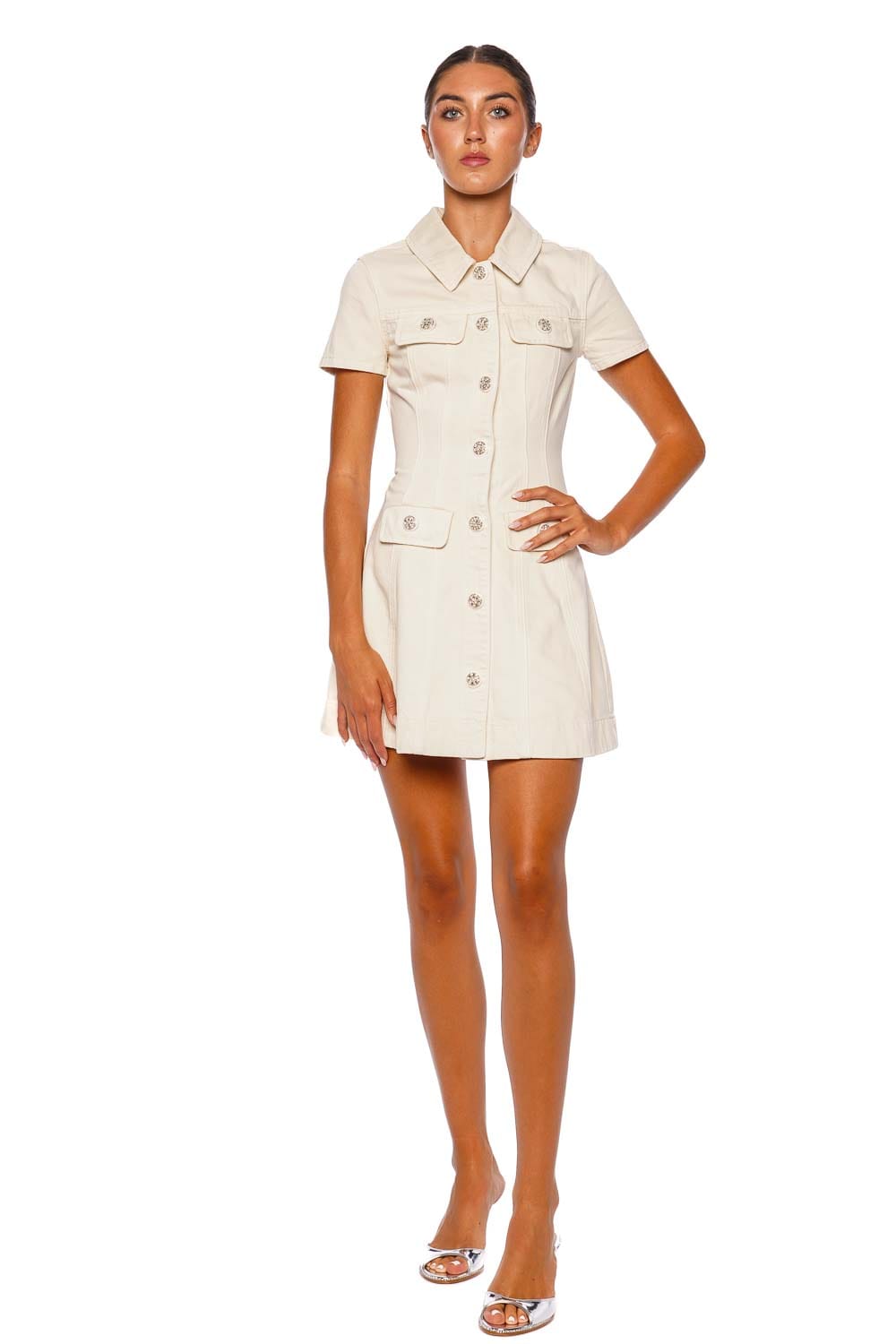 self-portrait Cream Collared Denim Mini Dress
