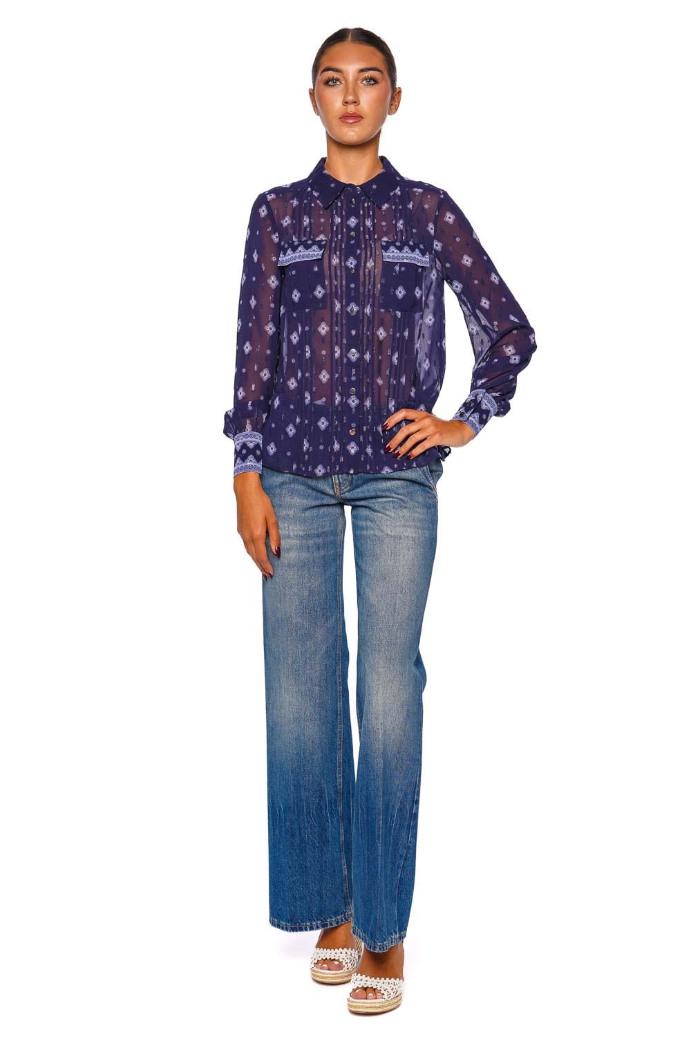 self-portrait Navy Printed Chiffon Long Sleeve Blouse