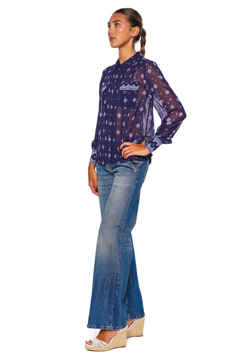 self-portrait Navy Printed Chiffon Long Sleeve Blouse