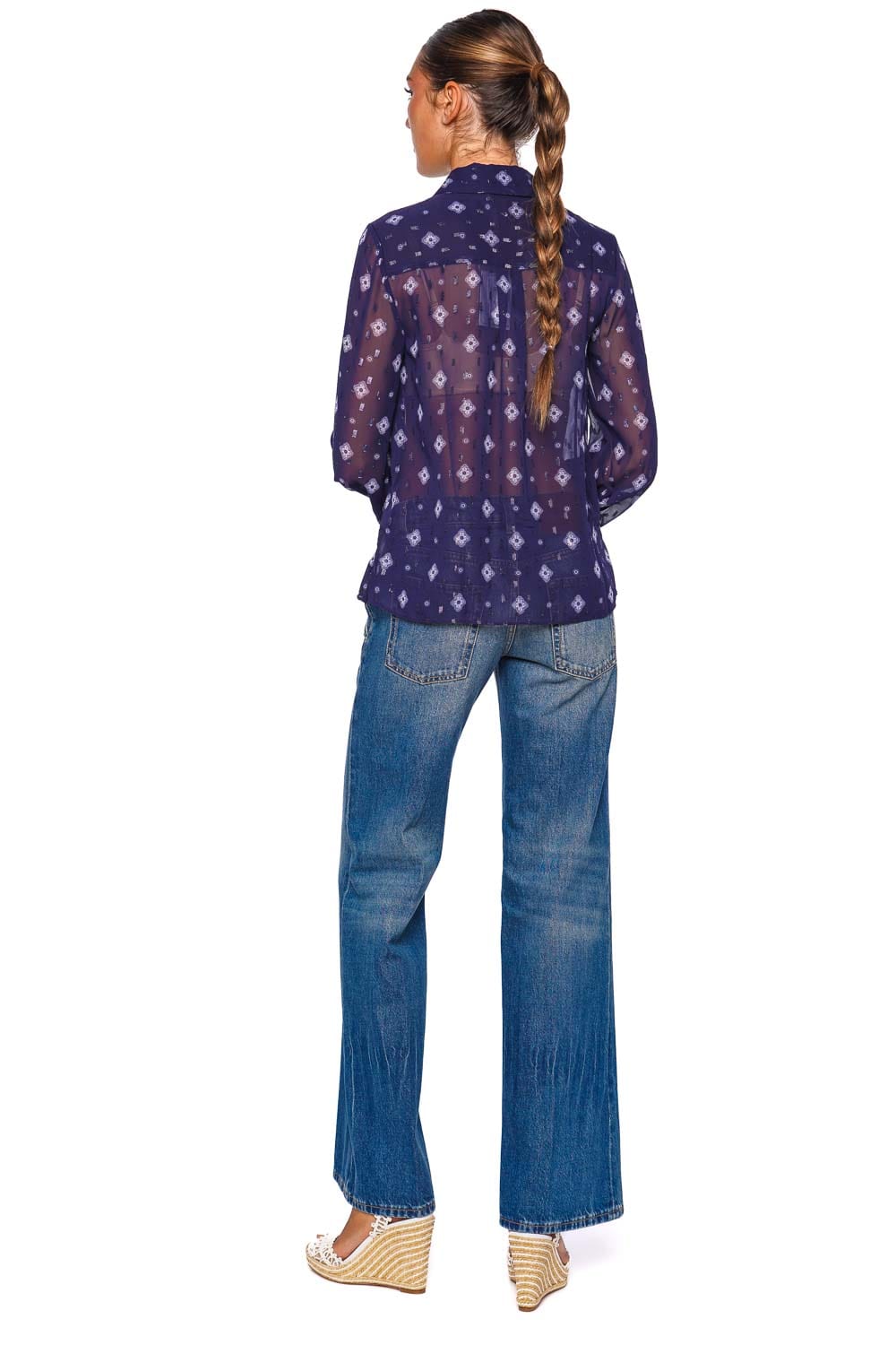 self-portrait Navy Printed Chiffon Long Sleeve Blouse