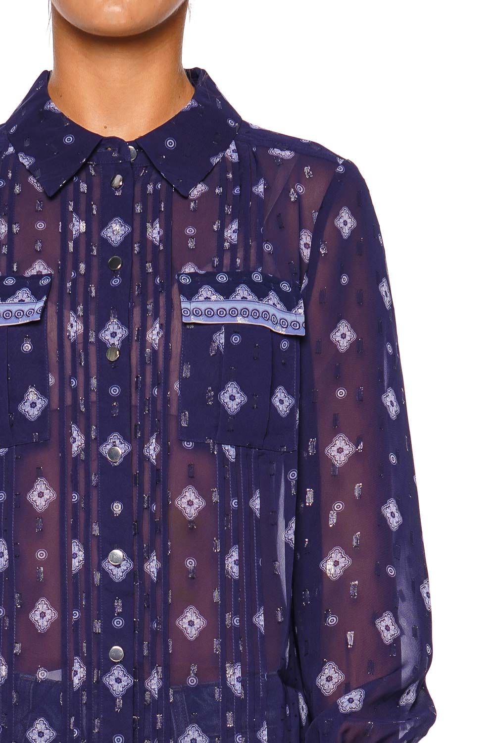 self-portrait Navy Printed Chiffon Long Sleeve Blouse