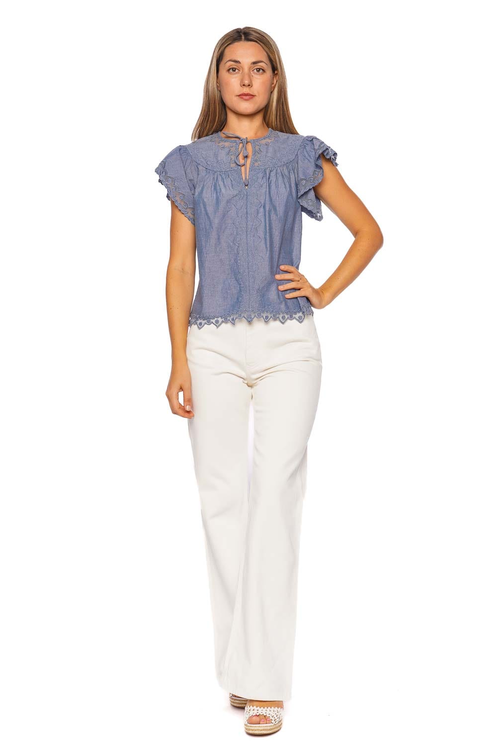Ulla Johnson Effie Chambray Flutter Sleeve Top