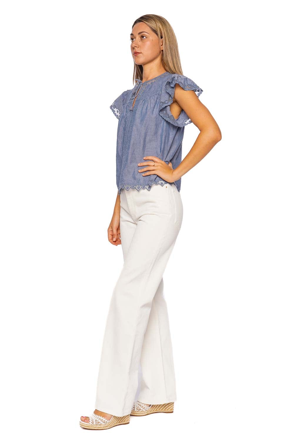 Ulla Johnson Effie Chambray Flutter Sleeve Top