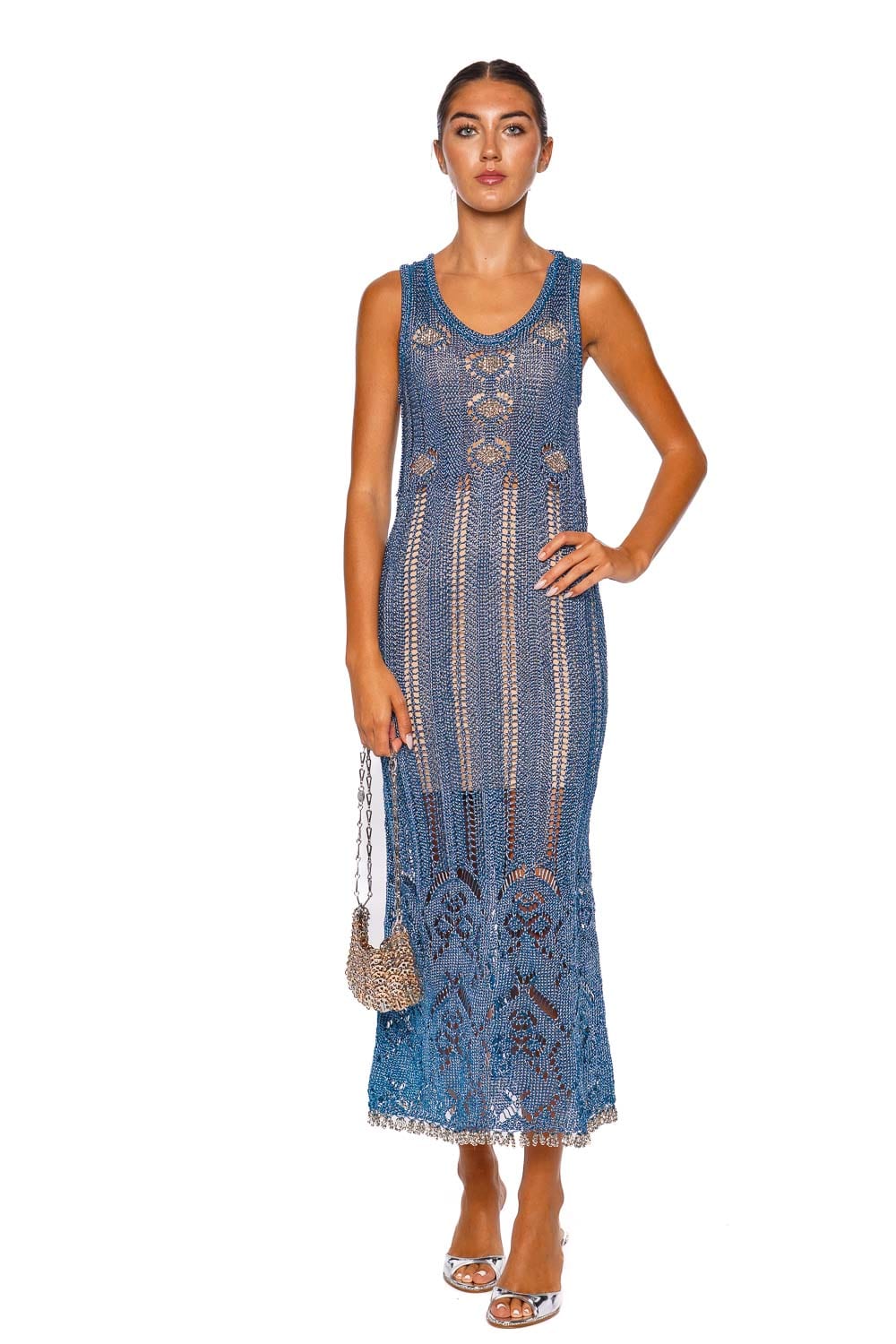 Rabanne Turquoise Metallic Crochet Fringe Maxi Dress