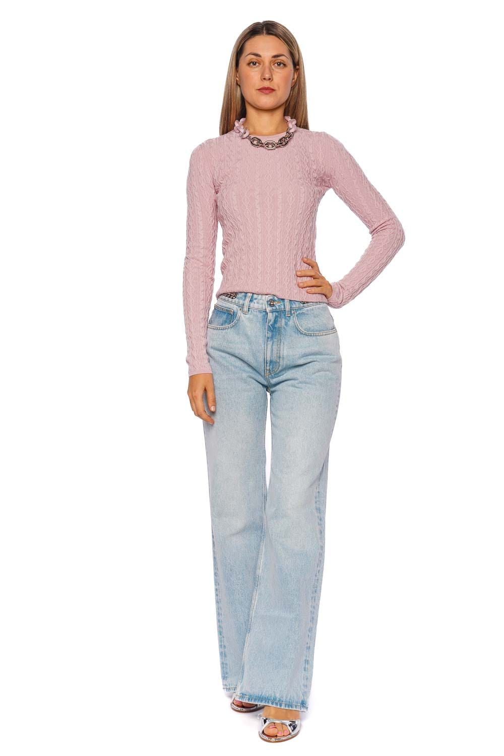 Rabanne Pink Cable Knit Chain Necklace Sweater