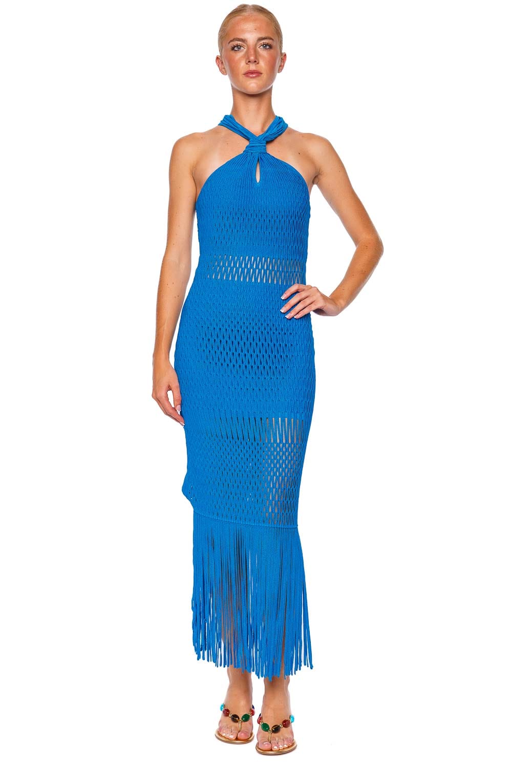SIMKHAI Sanchez Fringe Knit Halter Midi Dress