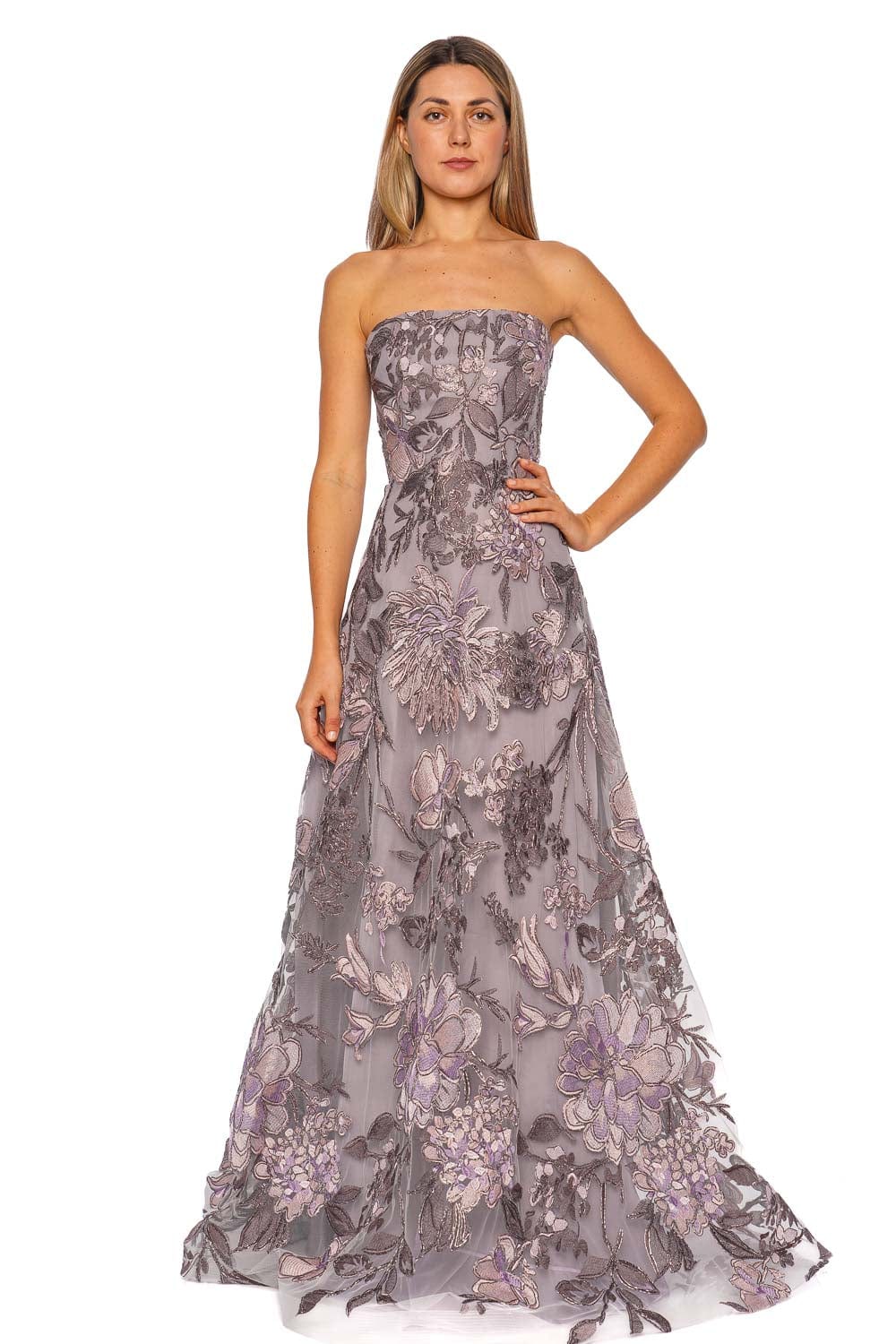 Naeem Khan Lilac Silver Floral Embroidered Strapless Gown