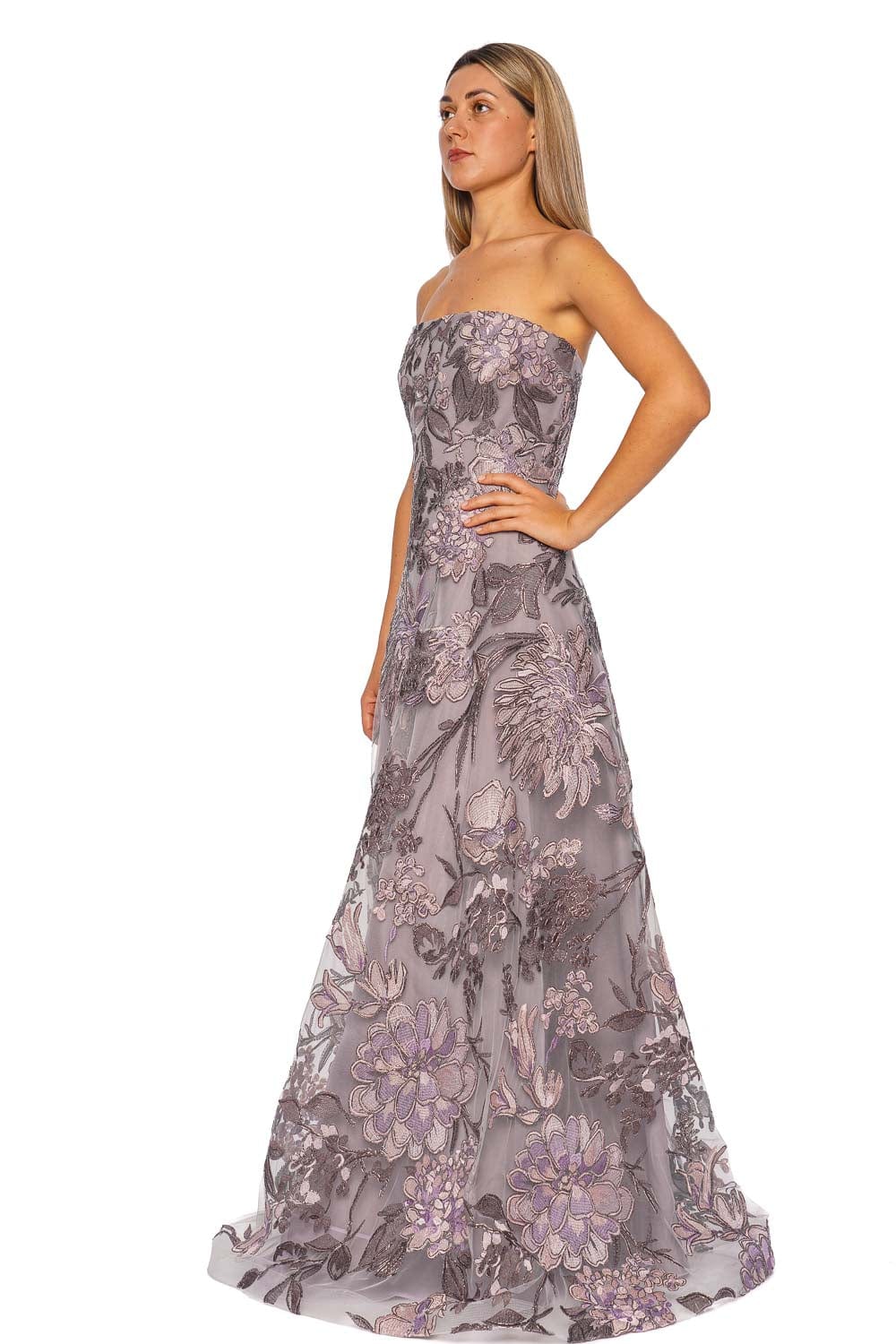 Naeem Khan Lilac Silver Floral Embroidered Strapless Gown
