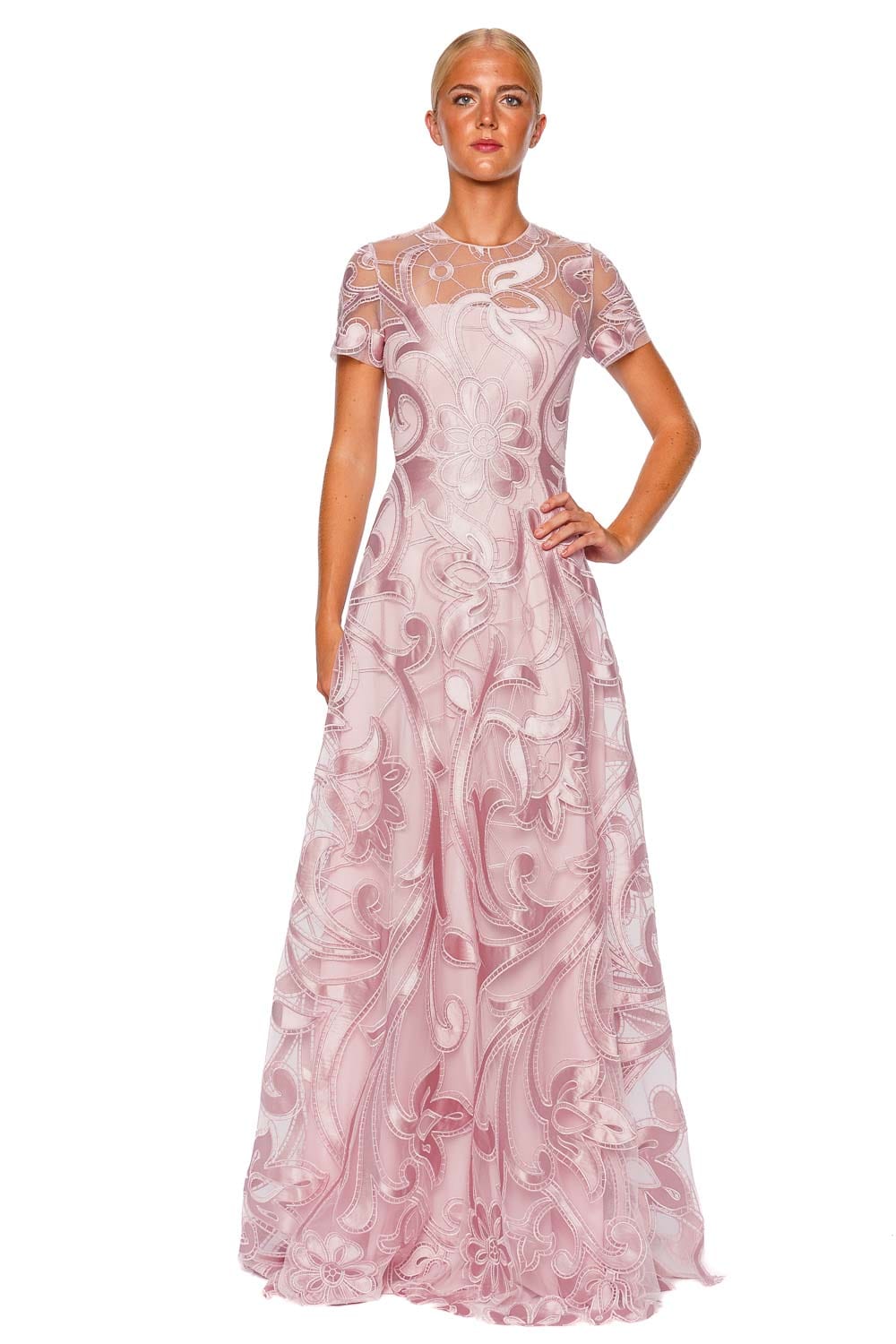 Naeem Khan JEWEL NECK CAP SLEEVE GOWN PF25-305G PINK