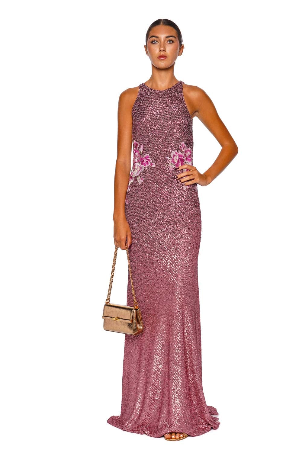 Naeem Khan Pink Floral Stretch Sequin Gown