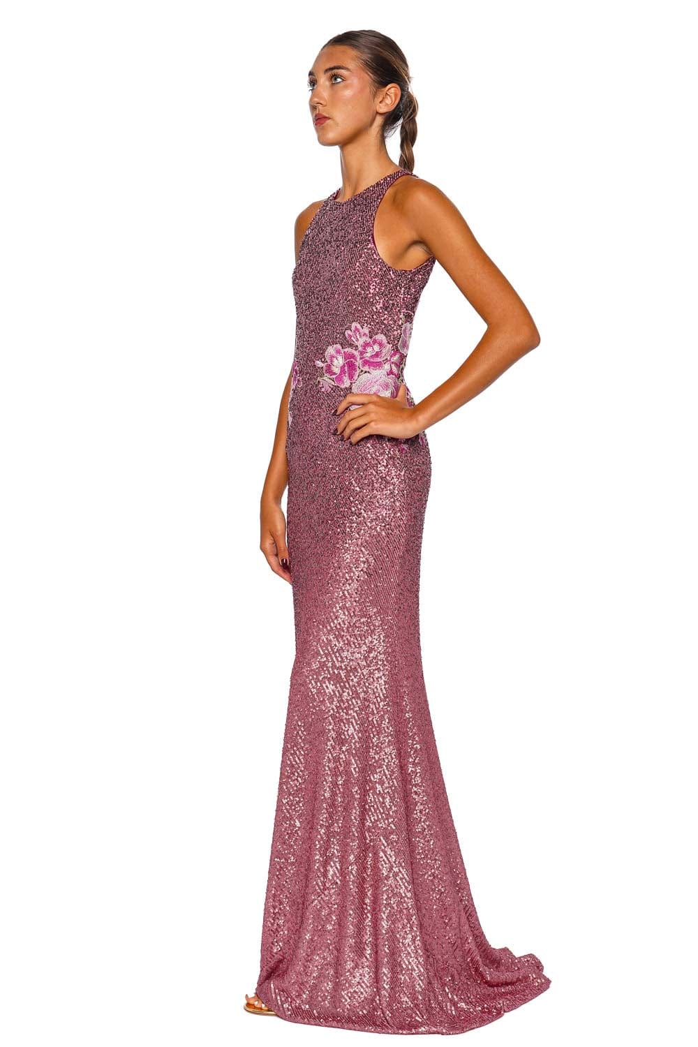 Naeem Khan Pink Floral Stretch Sequin Gown