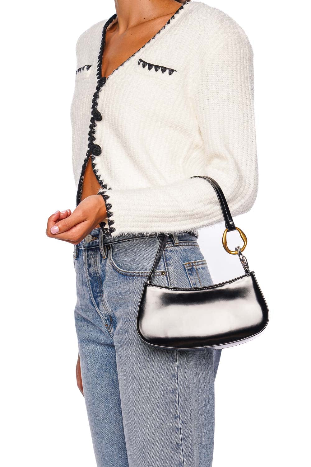 Staud Ollie Black Polished Leather Shoulder Bag