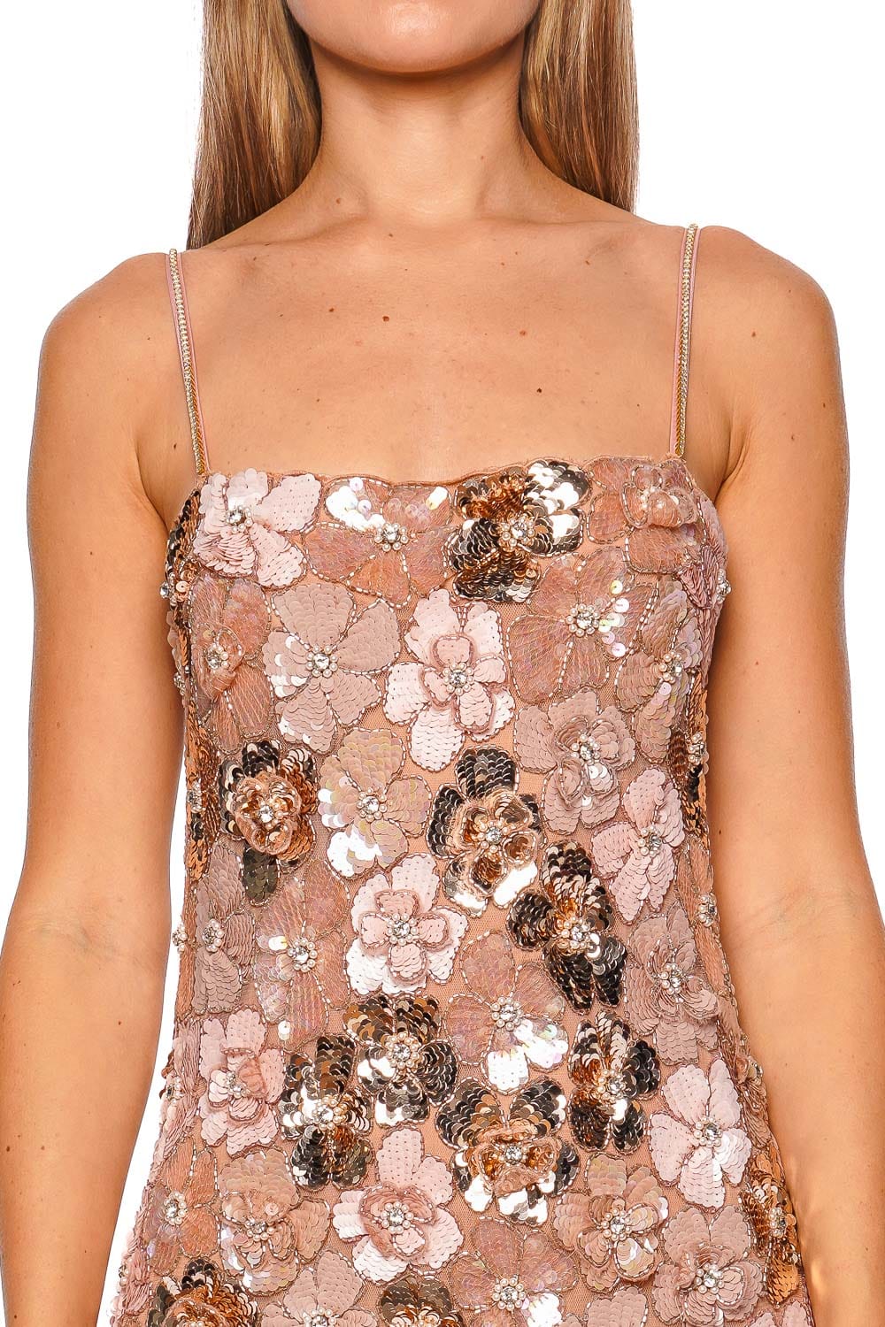 LoveShackFancy Aleria Rose Gold Sequin Mini Dress with Spaghetti Straps