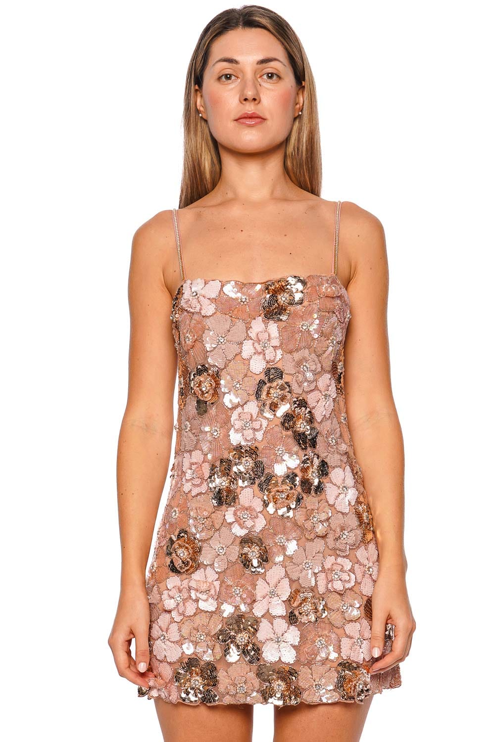 LoveShackFancy Aleria Rose Gold Sequin Mini Dress with Spaghetti Straps