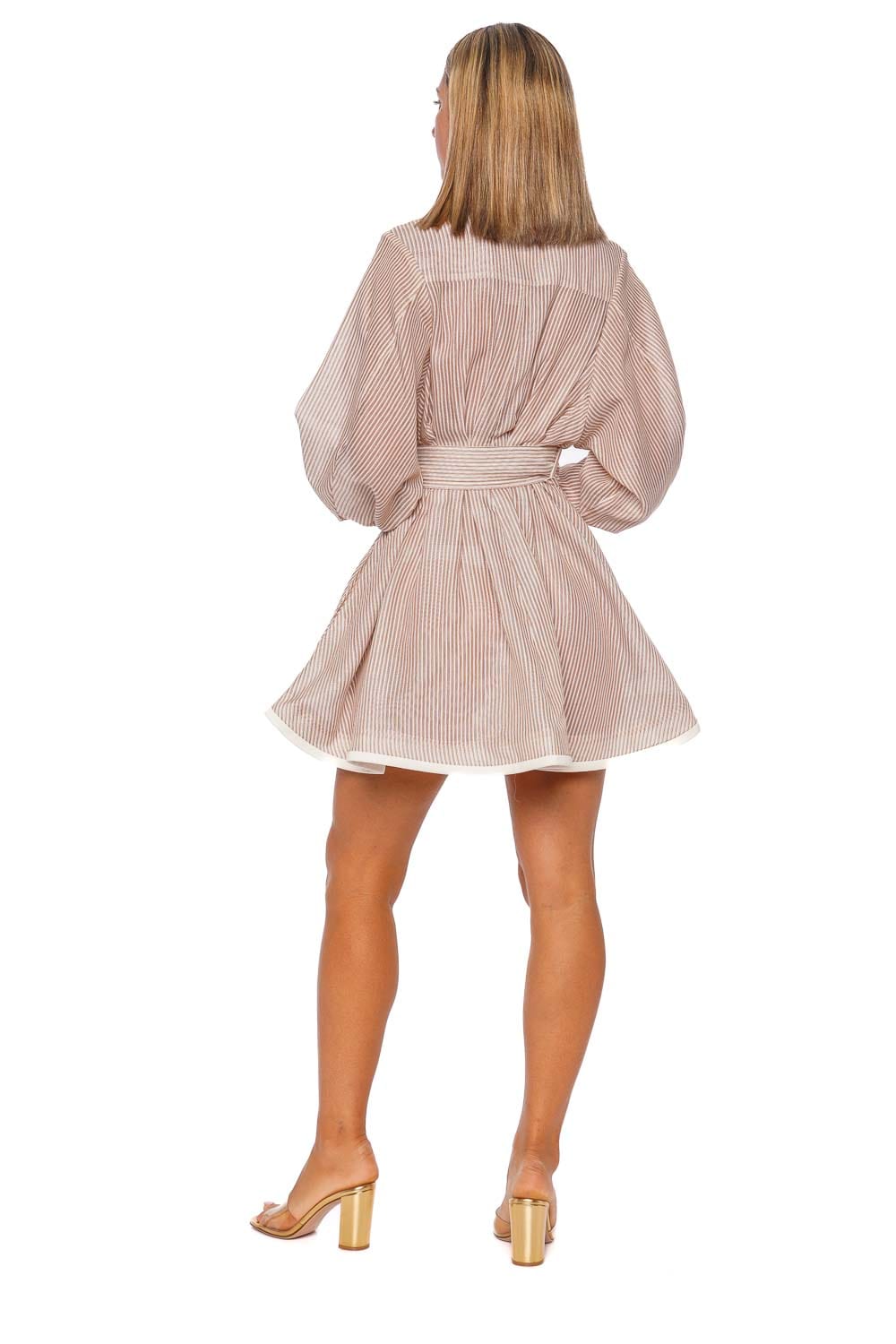ZIMMERMANN Hypnotic Tuck Tan Stripe Mini Dress Long Sleeve