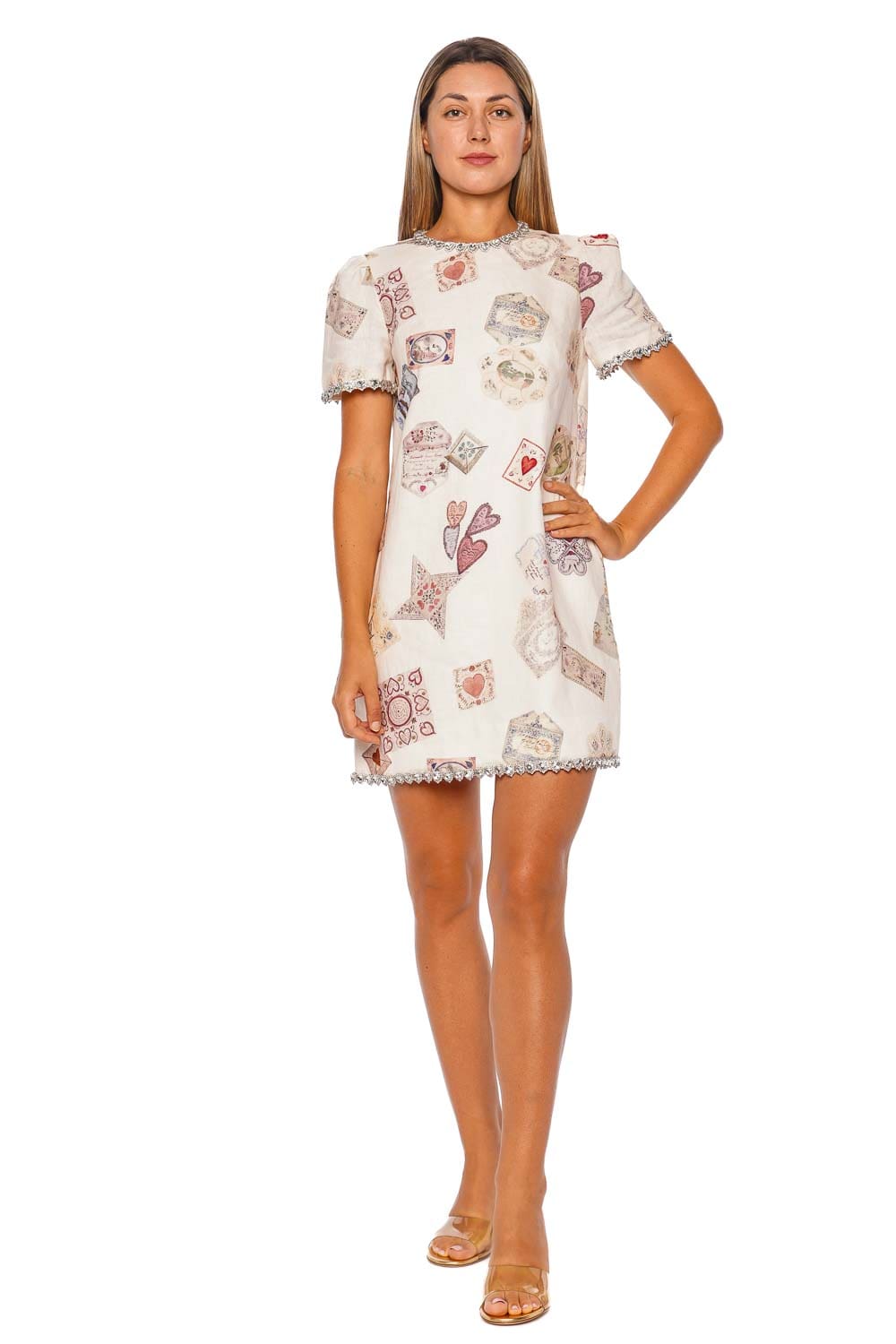 ZIMMERMANN Hypnotic Jewelled Cream Love Letter Short Sleeve Shift Dress