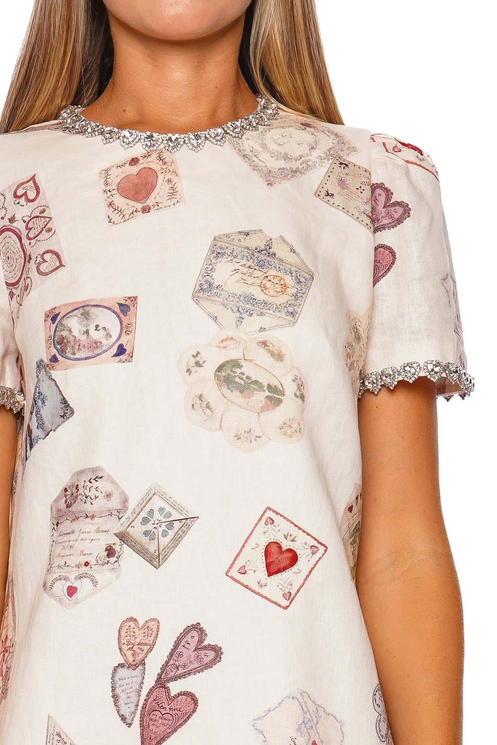 ZIMMERMANN Hypnotic Jewelled Cream Love Letter Short Sleeve Shift Dress