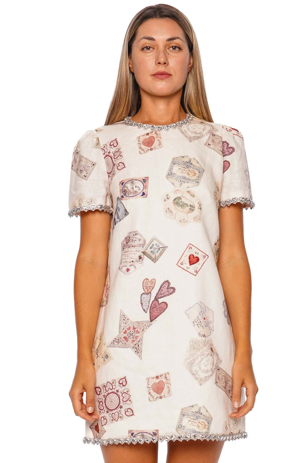 ZIMMERMANN Hypnotic Jewelled Cream Love Letter Short Sleeve Shift Dress