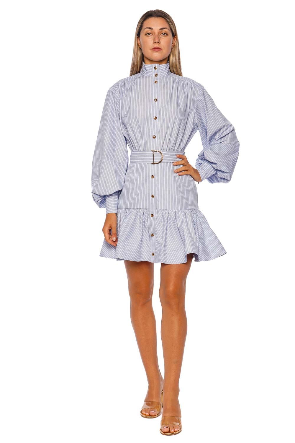 ZIMMERMANN Stripe Utility Belted Blue Long Sleeve Mini Dress