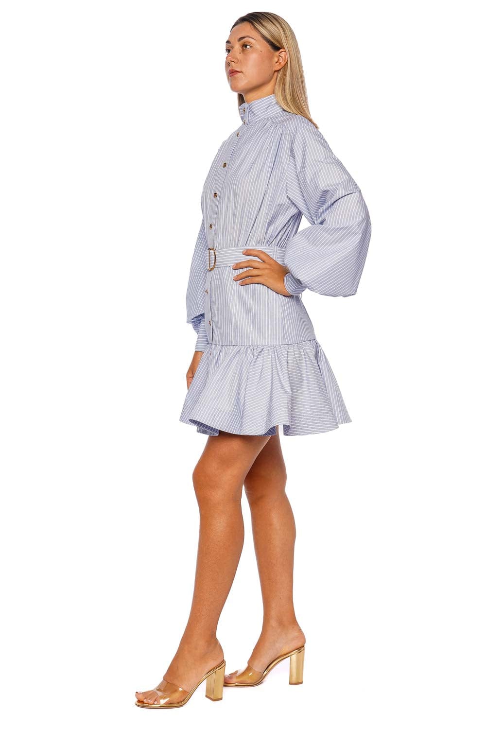 ZIMMERMANN Stripe Utility Belted Blue Long Sleeve Mini Dress