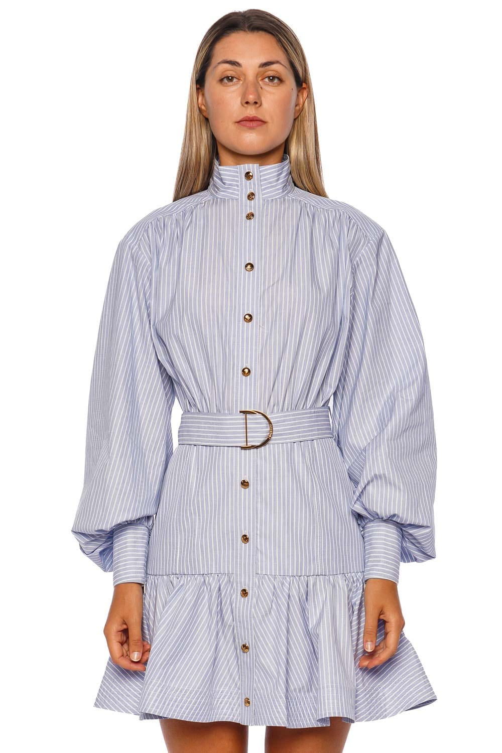 ZIMMERMANN Stripe Utility Belted Blue Long Sleeve Mini Dress