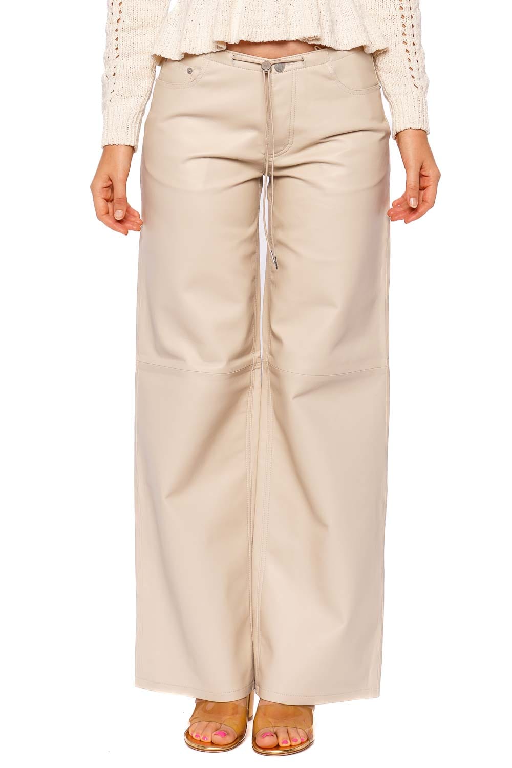 Still Here Cool Beige Leather Low Rise Wide Leg Pant