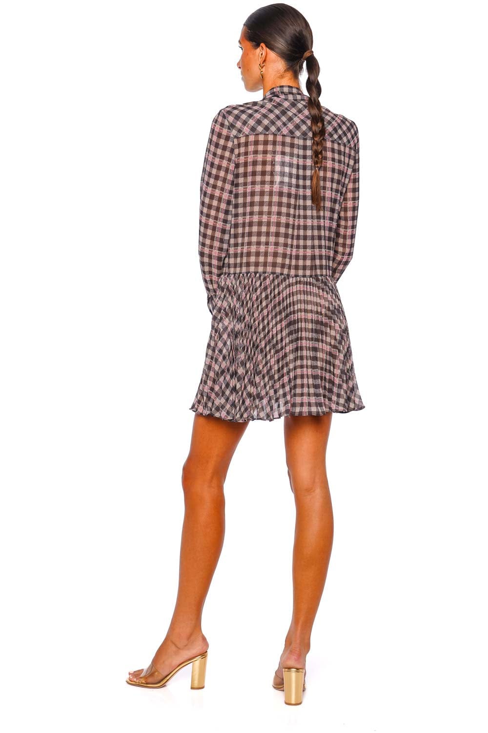 self-portrait Brown Check Long Sleeve Chiffon Mini Dress