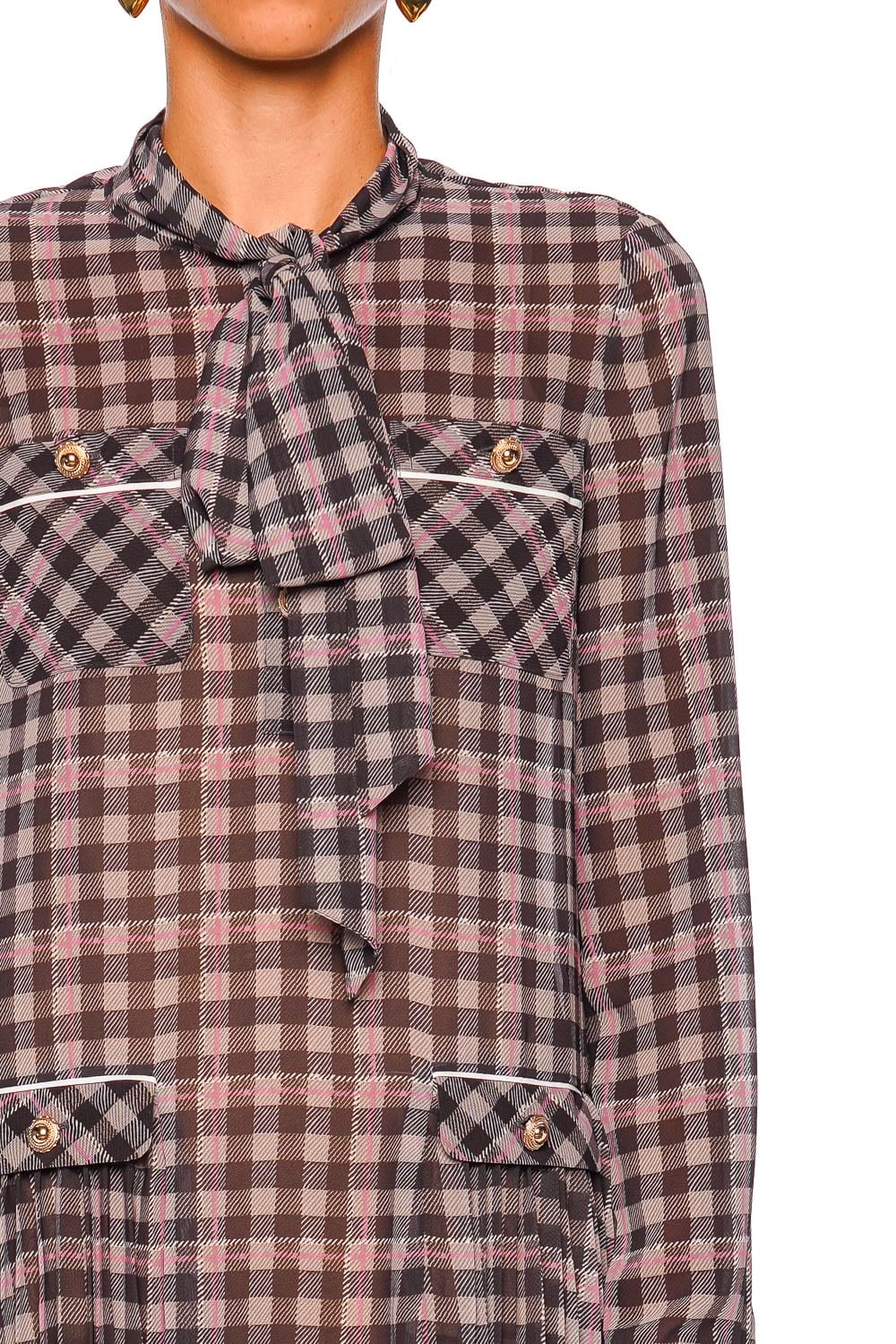 self-portrait Brown Check Long Sleeve Chiffon Mini Dress