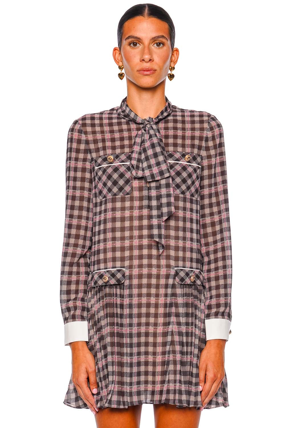 self-portrait Brown Check Long Sleeve Chiffon Mini Dress
