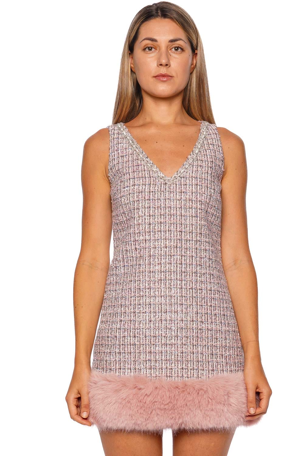 self-portrait Pink Boucle Fur Trim Mini Dress