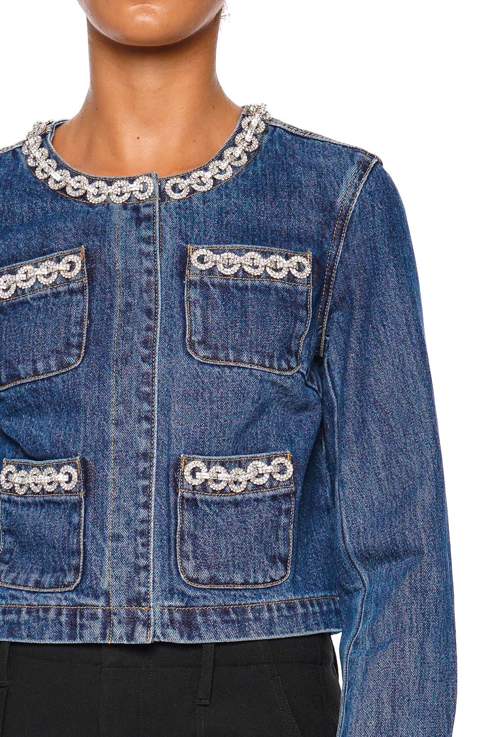 self-portrait Crystal Trim Cropped Denim Jacket