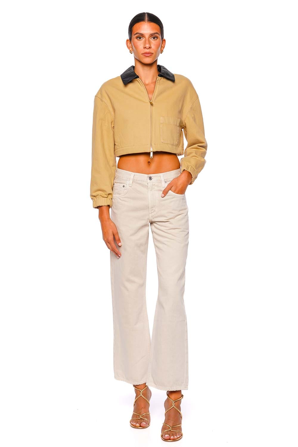 self-portrait Cropped Contrast Faux Leather Collar Jacket