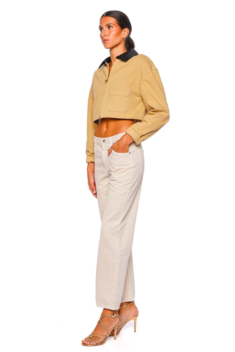 self-portrait Cropped Contrast Faux Leather Collar Jacket