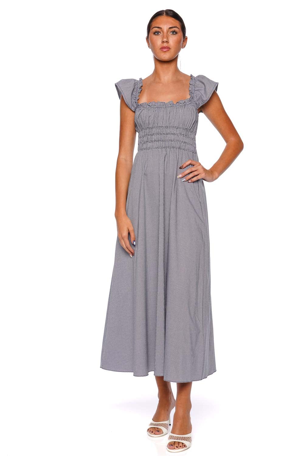 Faithfull The Brand Janne Hanne Gingham Vintage Navy Midi Dress with Ruffle Sleeves