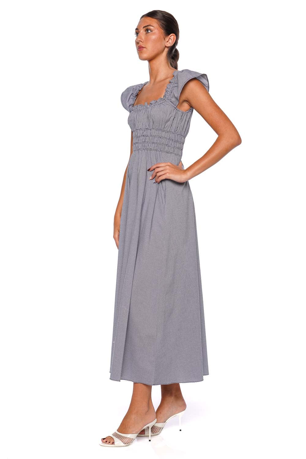 Faithfull The Brand Janne Hanne Gingham Vintage Navy Midi Dress with Ruffle Sleeves