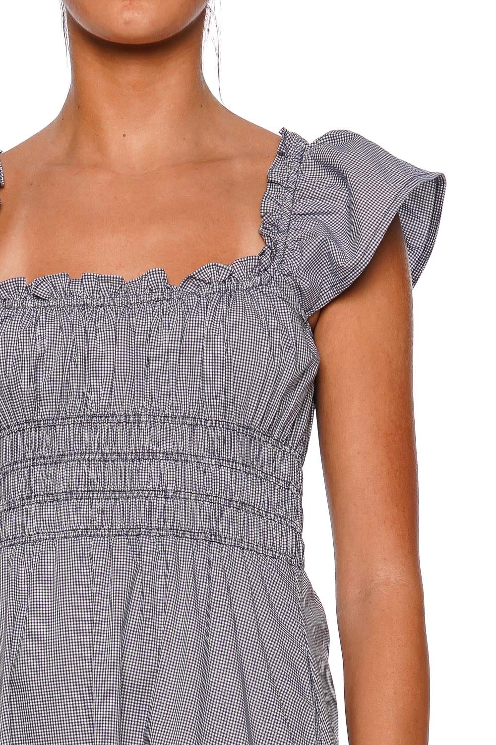 Faithfull The Brand Janne Hanne Gingham Vintage Navy Midi Dress with Ruffle Sleeves
