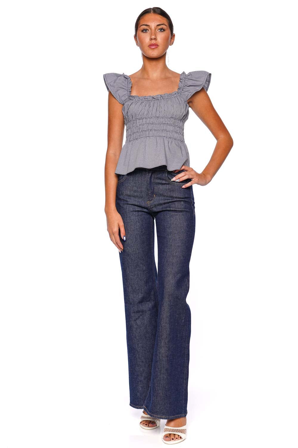 Faithfull The Brand Hanne Gingham Vintage Navy Ruffle Sleeve Smocked Top