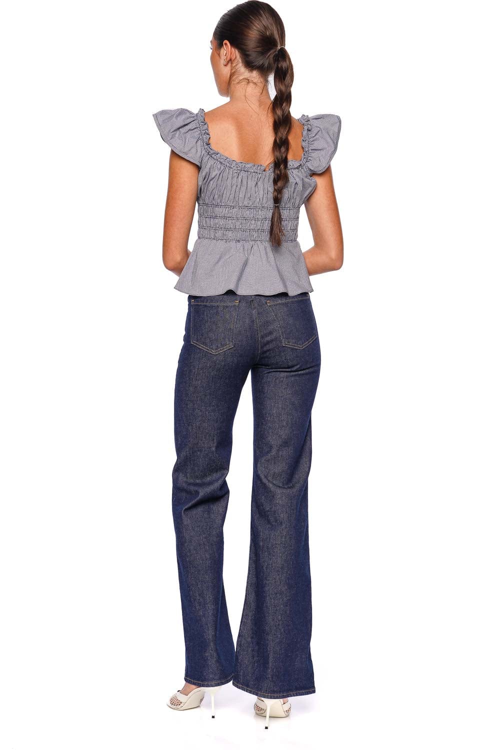 Faithfull The Brand Hanne Gingham Vintage Navy Ruffle Sleeve Smocked Top