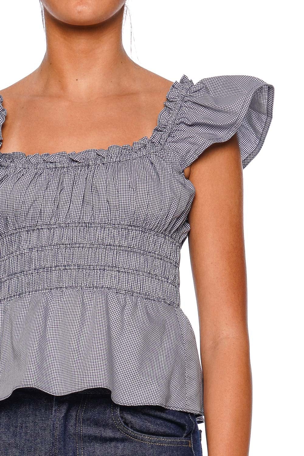 Faithfull The Brand Hanne Gingham Vintage Navy Ruffle Sleeve Smocked Top
