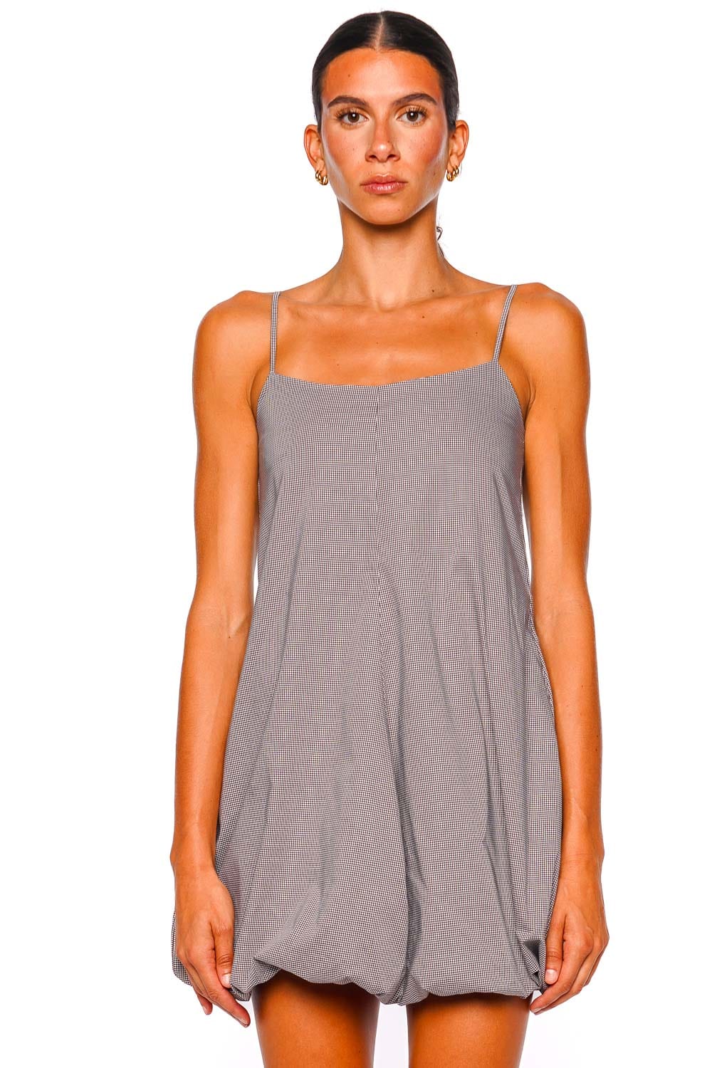 Faithfull The Brand Aniela Espresso Gingham Bubble Hem Mini Dress
